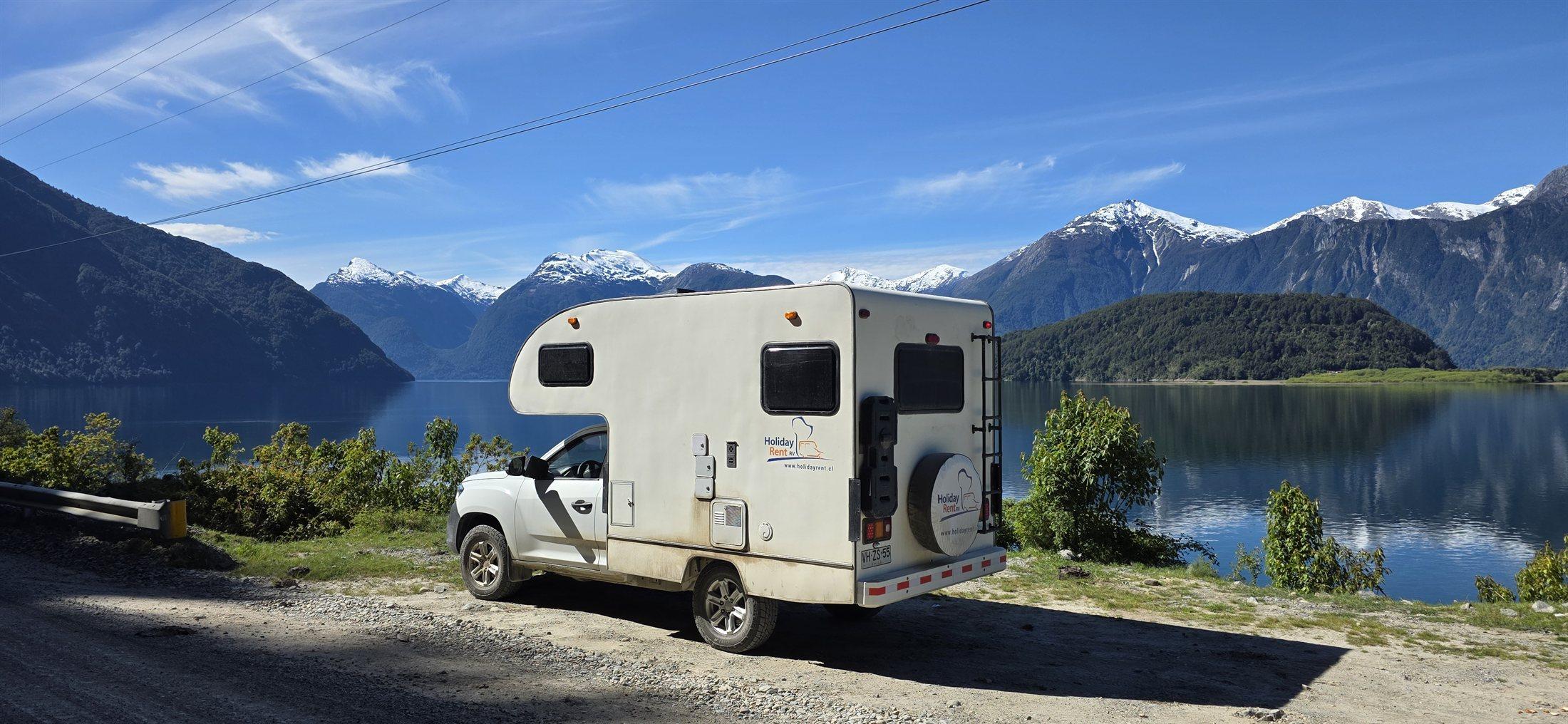 Fully equipped camper camping in a southern Chile forest