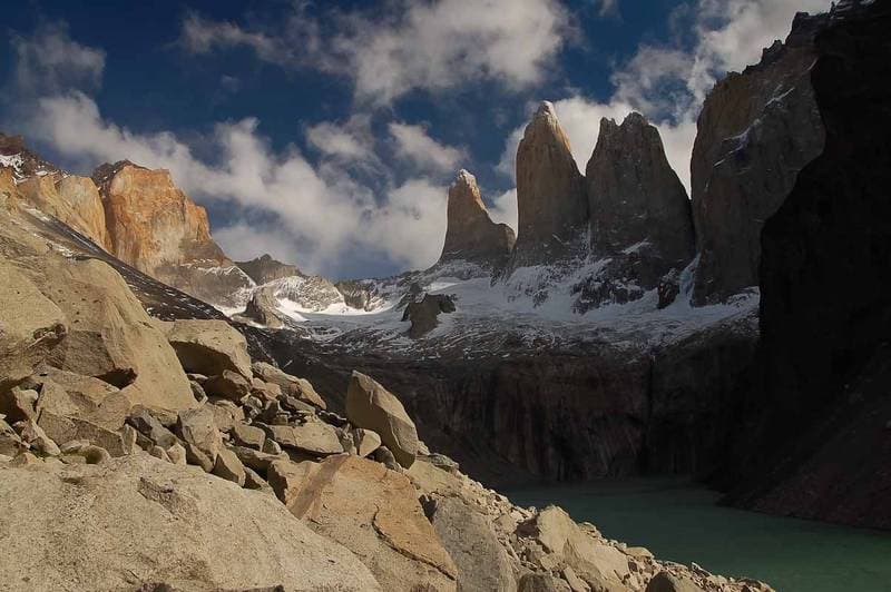 The Torres del Paine looked at from the mirador Torres