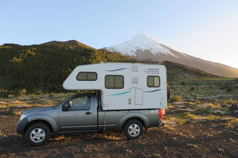 Accomodation at night in front of volcano Osorno