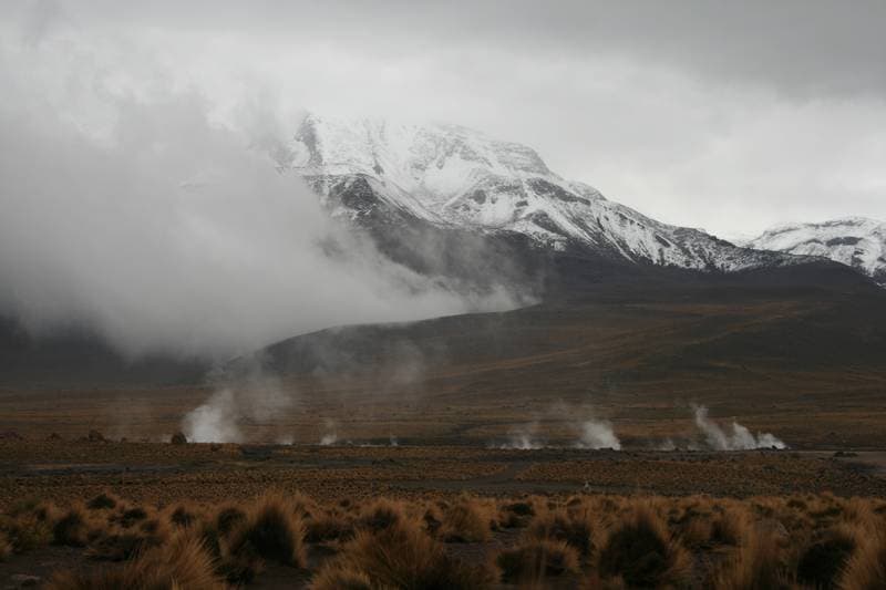 The volcano is barely visible