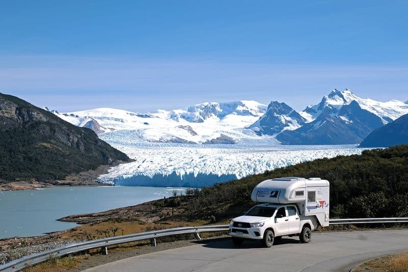 4x4 camper driving a gravel road in Chilean Patagonia